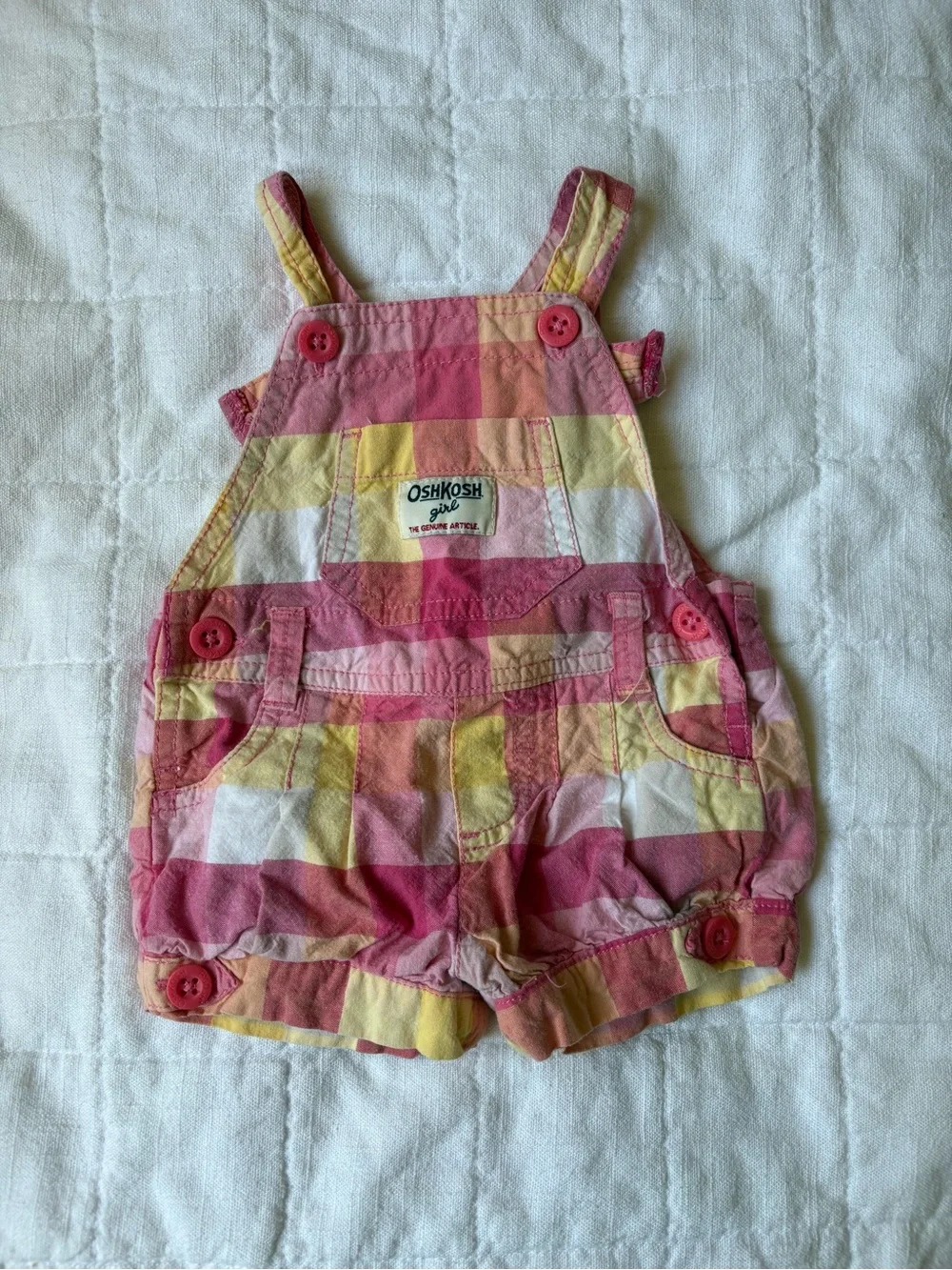 Vintage OshKosh B'gosh Pink Yellow Plaid Baby Girls' Cotton Shortalls 6 Months